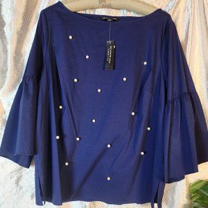 NWT Zac & Rachel 1X Navy Pearl Embellished Bell Sleeve Blouse